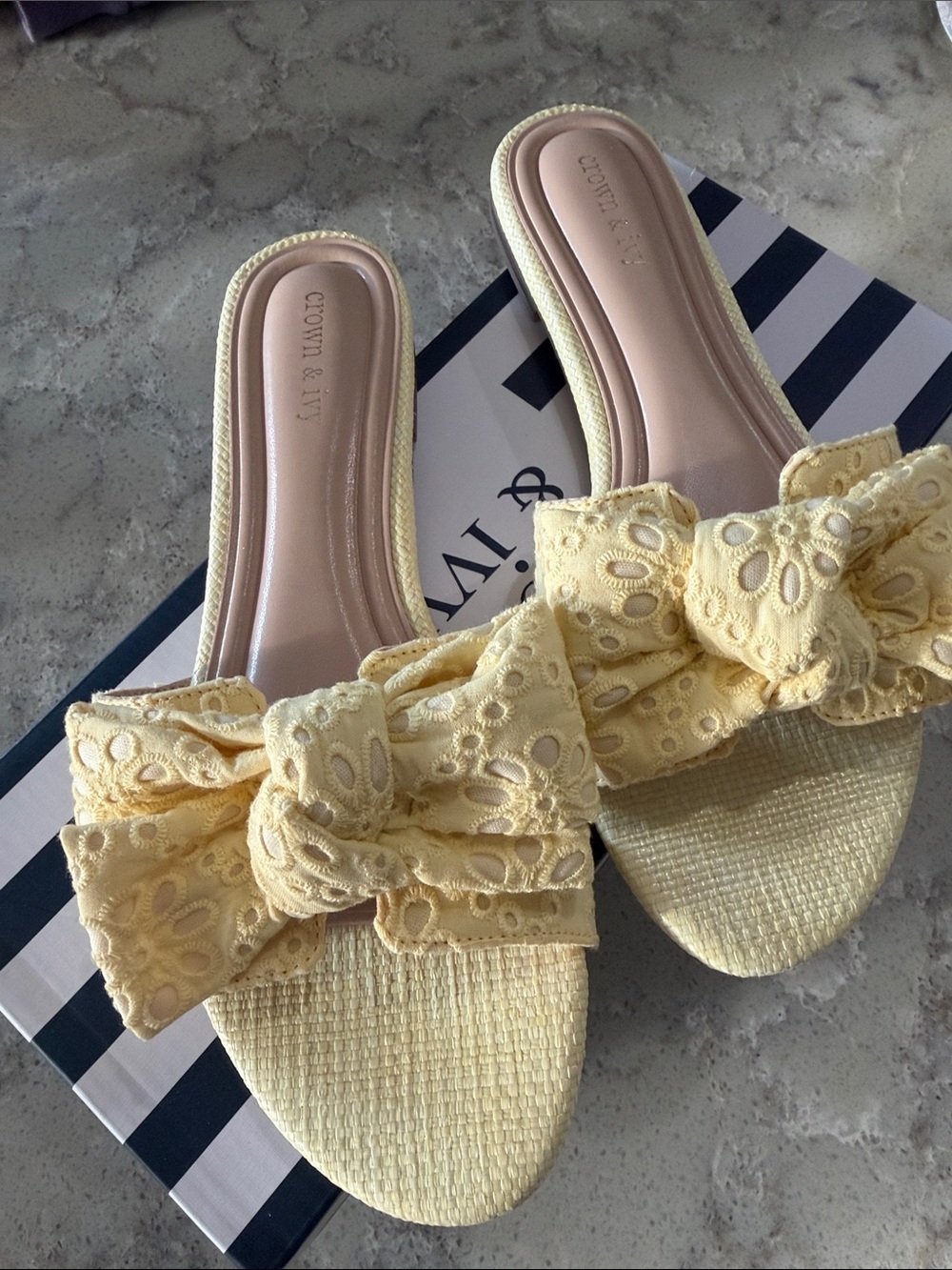 crown & ivy Pale Yellow Eyelet Bow Slide Sandals